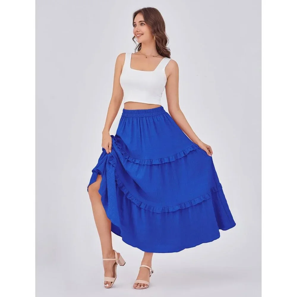 Women's Royal Blue Casual Elegant A Line Flowy Ruffle Tiered Pockets Maxi Skirt - Picture 2 of 5